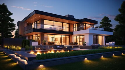 3D illustration of a private luxury house at sunset