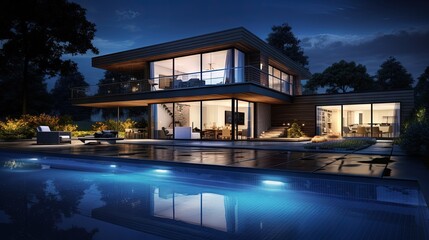 Fototapeta premium Contemporary poolside residence after dark