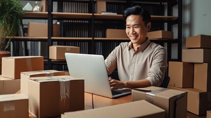 Asian SME owner working remotely with boxes and laptops starting an online business and delivering goods