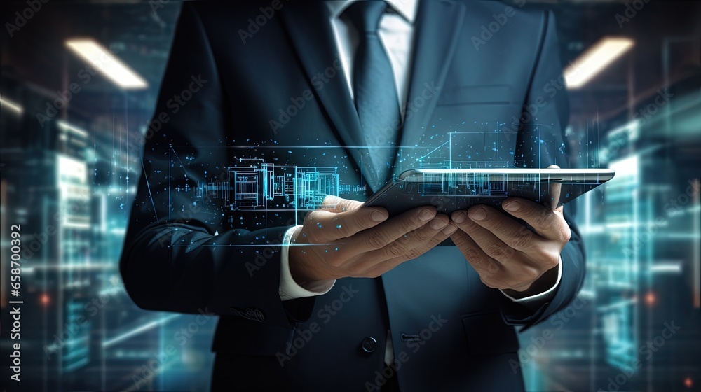 Aufkleber Digital marketing and technology security in finance and banking involving online shopping and customer network with a businessman using a tablet to access banking data on a network