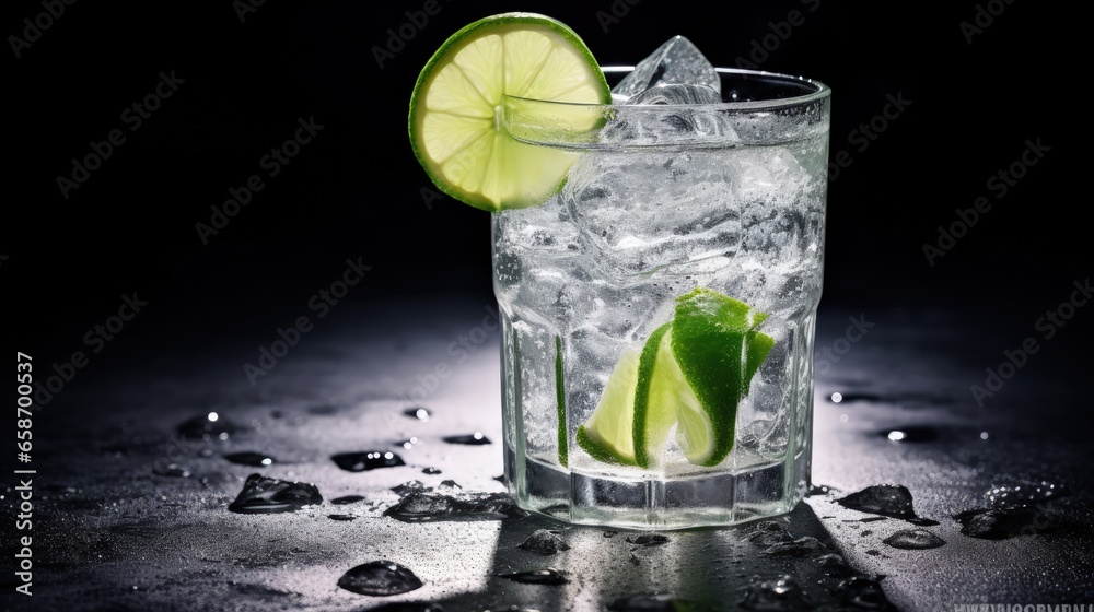 Poster classic gin tonic cocktail with dry gin tonic lime ice bar tools on a gray table with space for text