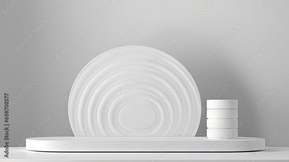 Aufkleber 3d rendering of white cylindrical podiums with matte glass walls on a white cloth background used fo