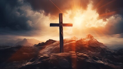 Christian cross symbolizing Easter and Jesus Christ s resurrection set against a dramatic sunset with dark clouds sunbeams and colorful mountains