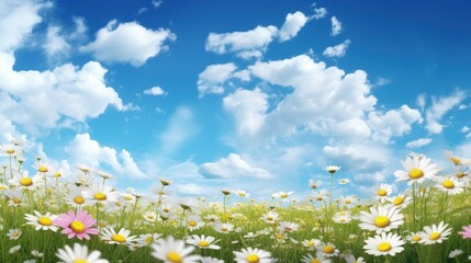 Colorful flower meadow with daisies against blue sky
