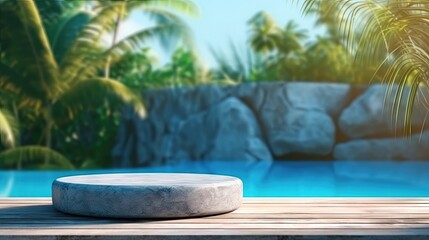 Fototapeta na wymiar Luxurious blue pool water surrounds a stone podium in a tropical hotel resort