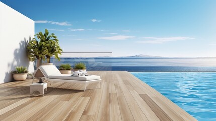 Modern building with sea view 3D rendering of a swimming pool terrace with wooden floors and rattan sun bed