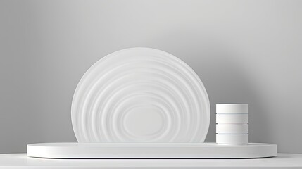 Obraz premium 3D rendering of white cylindrical podiums with matte glass walls on a white cloth background used for displaying cosmetic products