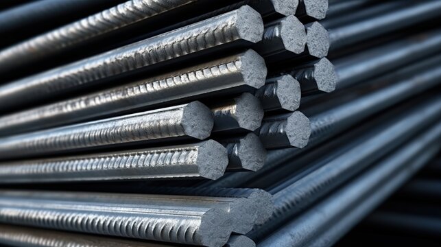 Construction site with close up of deformed steel bars for reinforced concrete