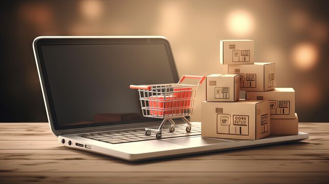E commerce ideas items in cart and laptop on desk