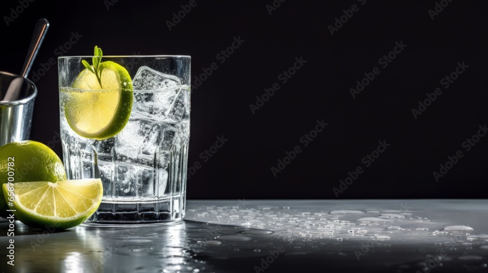 Poster classic gin tonic cocktail with dry gin tonic lime ice bar tools on a gray table with space for text