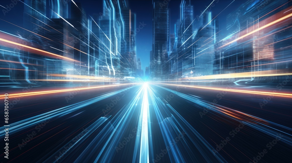 Poster 3D rendering shows speedy transfer as digital data flows on a road with blurred motion