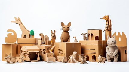Assorted homemade cardboard toys on a white backdrop - obrazy, fototapety, plakaty