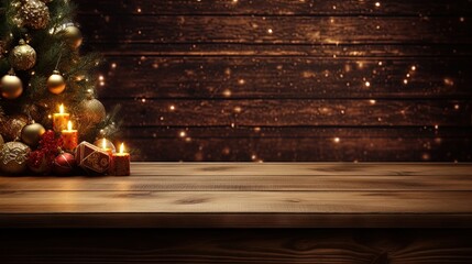 Christmas themed background with empty wooden table decorated fireplace and tree space for text