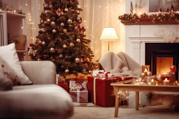 Christmas tree in cozy living room with gifts and decorations. Christmas room interior design.