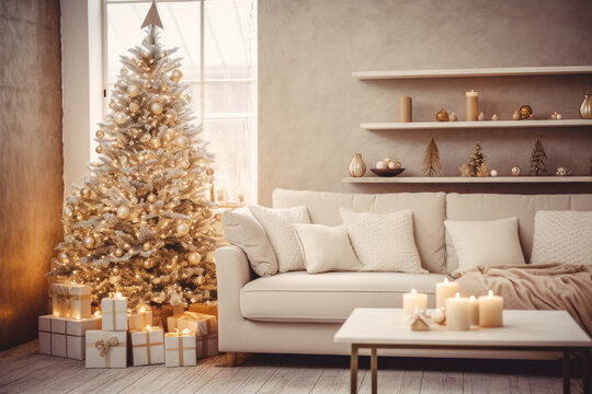 Christmas tree in cozy living room with gifts and decorations. Christmas room interior design.