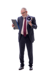Old businessman holding megaphone isolated on white