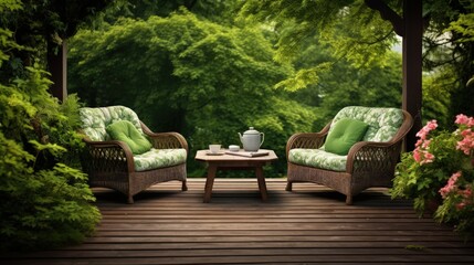 Elegant outdoor furniture in lush garden setting