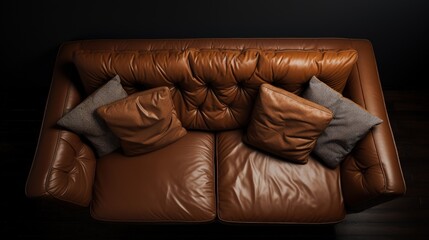 Fototapeta premium Bird s eye view of leather sofa with cushions
