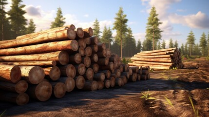Cut trees stacked ready to be hauled away from the road for logging and timber production