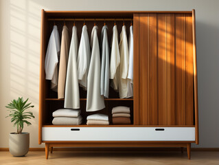 Obraz na płótnie Canvas 3D model of a wooden wardrobe with an open concept design where the hanging clothes can be seen.