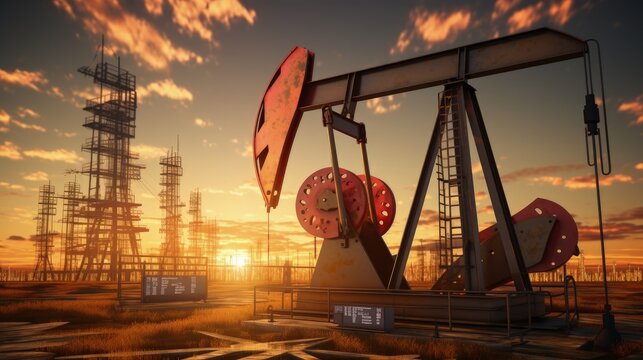 3D pictures of oil pump jacks at sunset sky with financial charts Represents declining oil prices