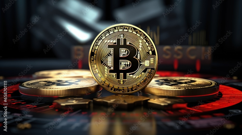 Poster chart displaying bitcoin quotes and a risk sign represents the business tech concept