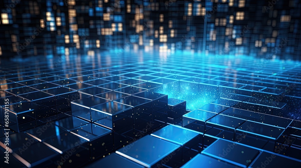 Wall mural big data and artificial intelligence depicted with stacked metallic blue blocks shallow depth of fie