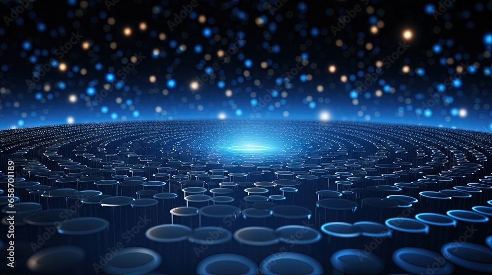 Poster Abstract technology concept with creative ultra wide background and luminous bright circles A composition of shining dots in the digital structure of many glowing particles rendered in 3D