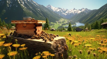 Naklejka premium Beehives on a mountain apiary surrounded by green grass Beekeeping for healthy honey products