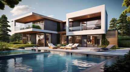 Fototapeta premium Contemporary villa garden view pool included
