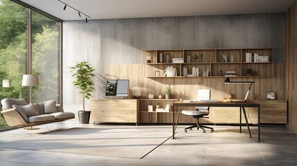 Obraz premium Eco themed interior with sunny open space and light grey furniture wooden wall and concrete floor