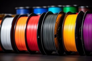 Colorful thread spools for 3D printing. Coils of different colored filament for 3D printer. ABS plastic wire for printer. Generative AI - obrazy, fototapety, plakaty