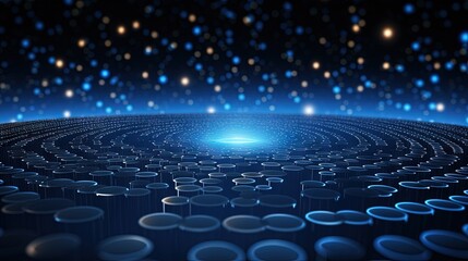 Naklejka premium Abstract technology concept with creative ultra wide background and luminous bright circles A composition of shining dots in the digital structure of many glowing particles rendered in 3D
