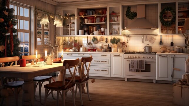 Christmas themed open kitchen with cozy interior design