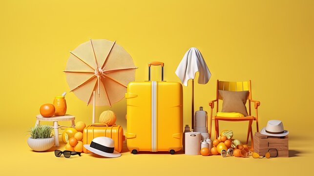 3D rendering of essential items for a relaxing summer vacation on a yellow background