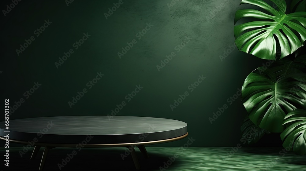 Aufkleber monstera leaves shadow on a dark green wall background with an empty table