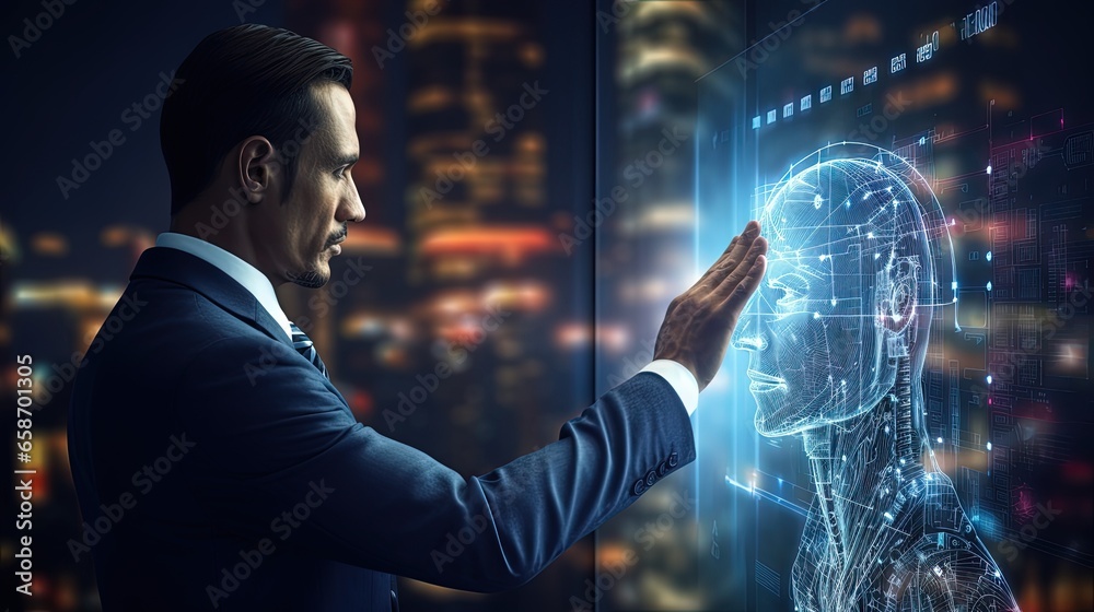 Poster Businessman using AI technology on a computer with big data