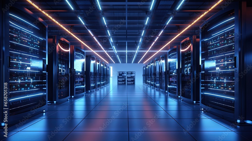 Poster Data center with rack servers Blinking lights working computers
