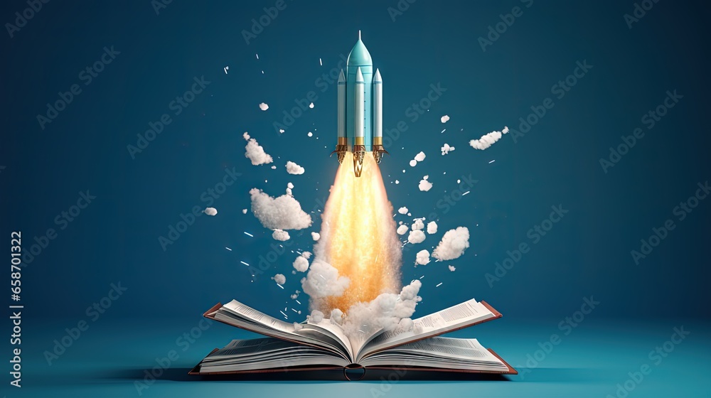 Poster 3d rendering of a rocket ship launched from a book pile on a subtle blue background representing the