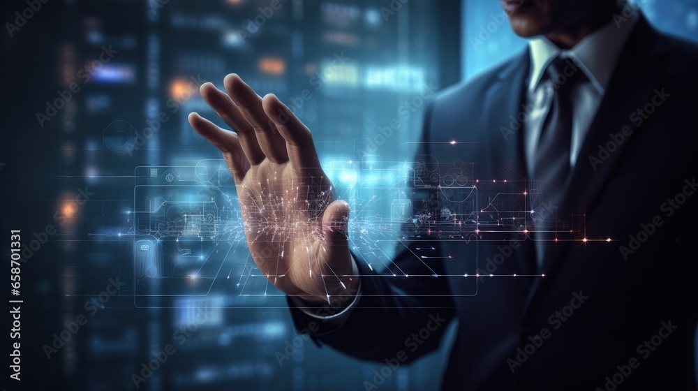 Poster Businessman using AI technology on a computer with big data