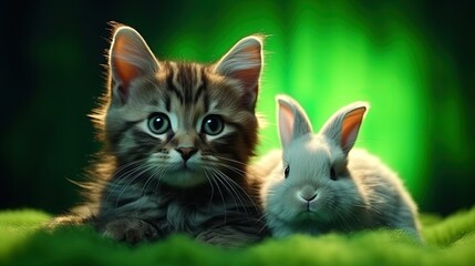 Beautiful Thai cat and furry rabbit sitting together on green background in neon light representing friendship love and care for animals