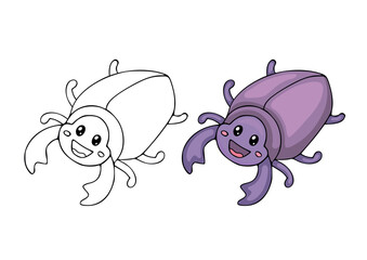 Coloring page with a cute cartoon beetle. Kids drawing page with a insect. Children's educational art game. Activity page and worksheet.