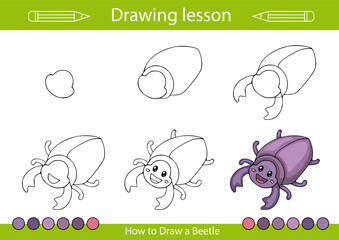 Drawing tutorial kids art lesson. How to draw a insect. Kids activity page. Children education step by step worksheet. Vector illustration of beetle.