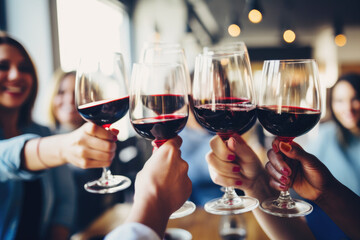 Group of friends toasting with red wine glasses at a festive lunch party