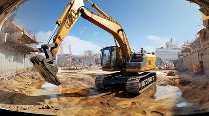 Future generation excavator with AI controls and conducts geodetic research with augmented reality - obrazy, fototapety, plakaty