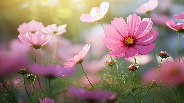Close up of a refined image Pink Cosmos bipinnatus flower butterfly and natural background symbolize nature s beauty