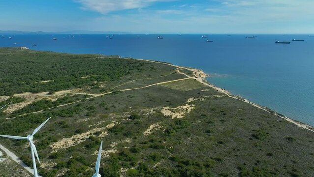 windmill. Windmills built by the sea. Windmills for electric power productio