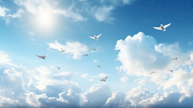 Horizontal composition of flying doves with a blue sky clouds and a cross s glare