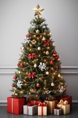 christmas festive celebrate greeting season Beautifully wrapped gifts with bows and ribbons under a decorative christmas pine tree with light bokeh and happiness jpyful lifestyle moment
