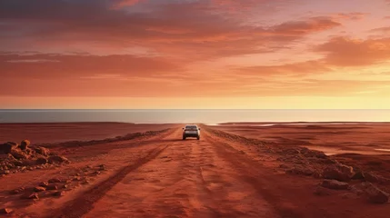 Tuinposter Australia red sand unpaved road and 4x4 at sunset Francoise Peron Shark Bay © vxnaghiyev